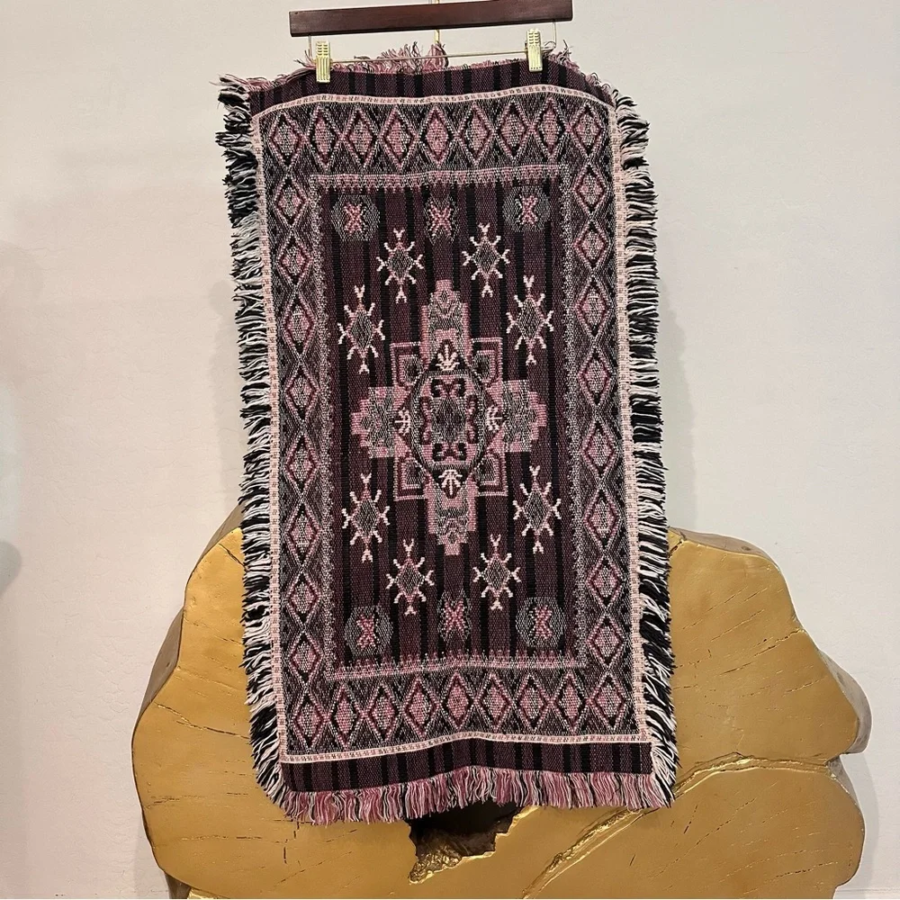 Vintage geometric pattern cotton Woven Textile Table runner/rug w/ fringe trim